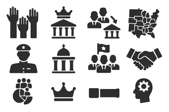 Political Systems Icons. Solid style icons of political systems and models: direct democracy hands, constitutional monarchy,