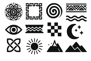 Symbols and Motifs. Solid style icons of visual symbolism and motifs: mandala circle, geometric border, spiral pattern, tribal