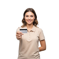 A young woman proudly presents her new credit card for an upcoming purchase transaction using contactless payment technology for a secure and convenient shopping experience