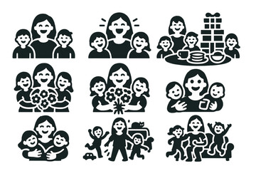 Busy Mom's Joy. Solid style icons of moms of many: group of kids, mother in center, arms around children, joyful noise, big