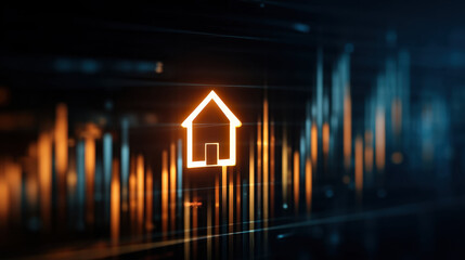 Digital home icon glowing against backdrop of financial data, representing real estate trends and market analysis. image conveys sense of modern technology and investment opportunities