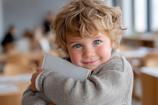boy in a kindergarten class room hugging a book , clean cover book mockup