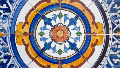 Obraz premium Detailed Blue Yellow and Brown Ceramic Tile Mosaic Pattern with Floral Motifs