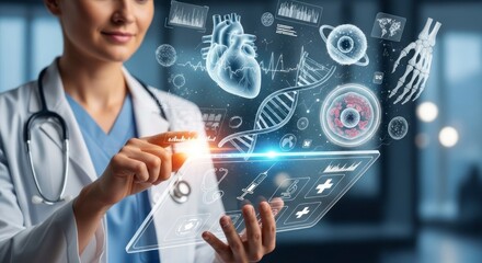A medical professional interacts with a futuristic holographic tablet displaying various biological elements.