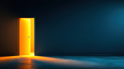 Glowing orange door stands ajar in dark room, casting warm light onto cool floor, creating striking contrast between light and shadow, evoking sense of mystery and possibility