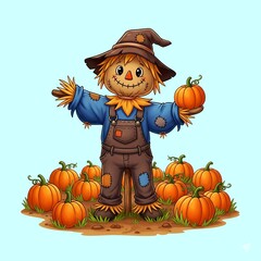 A fun Halloween cartoon illustration of a cute scarecrow and pumpkin with a spooky witch hat, black cat, and bats