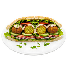 Delicious Falafel Sandwich with fresh vegetables and creamy tahini sauce on a white plate with parsley garnish isolated on a transparent background 
