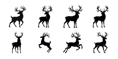 Fototapeta premium Collection of Eight Black Deer Silhouettes in Various Poses
