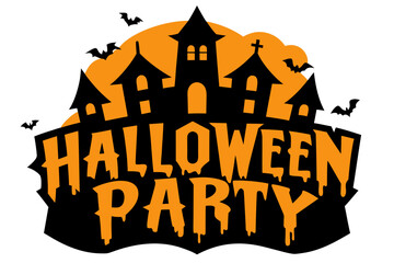 Spooky halloween party castle with bats and orange moon