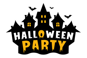 Spooky halloween party castle with bats and dripping text
