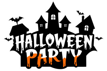 Spooky halloween party castle with dripping text and bats