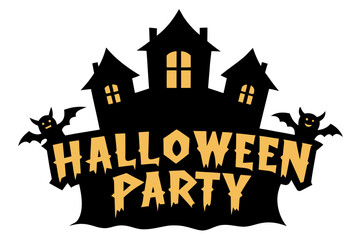 Spooky halloween party invitation with haunted house and bats