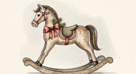 Antique Wooden Rocking Horse with Leather Saddle and Red Ribbon &mdash; Vintage Toy Illustration