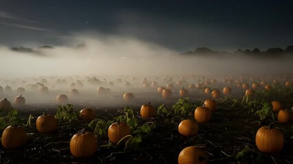 Foggy pumpkin patch with rows of orange pumpkins under dark sky. Perfect for halloweenthemed designs and fall season promotions. - Powered by Adobe