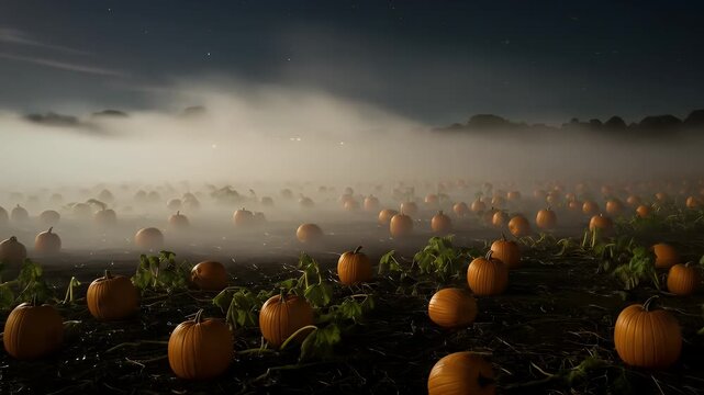 Foggy pumpkin patch with rows of orange pumpkins under dark sky. Perfect for halloweenthemed designs and fall season promotions.