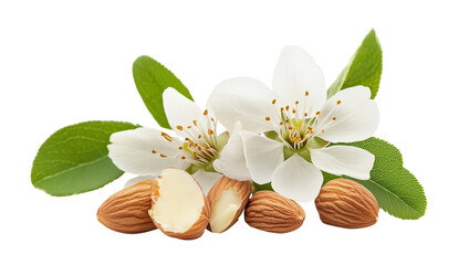 A bunch of almonds and a flower are on a white background
