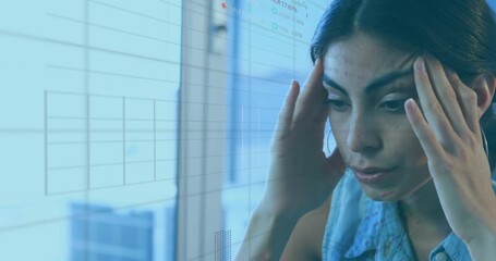 Animation of financial data processing over businesswoman in office - Powered by Adobe