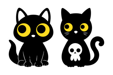Cute cartoon black cat with big yellow eyes and a friendly skull