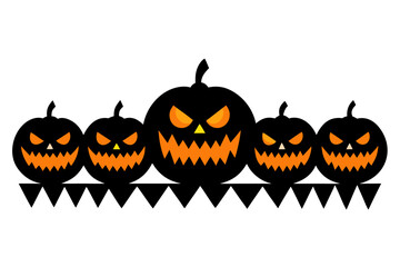 Five spooky jack o lantern faces on black background