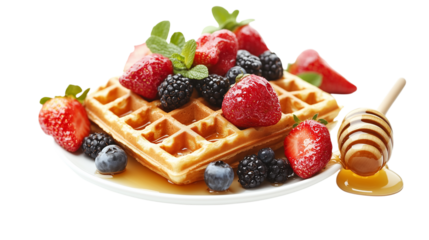 A plate of waffles with strawberries, blueberries, and blackberries
