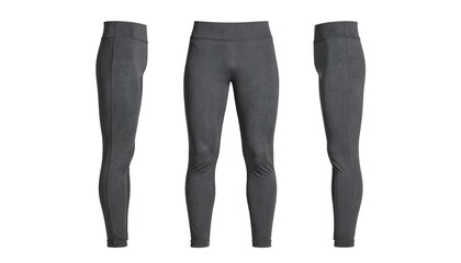 Gray leggings displayed in three angles against white background