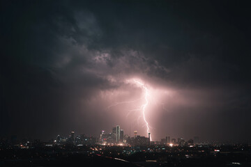 Storm clouds break over the city skyline as lightning strikes, illuminating skyscrapers and reflecting on glass surfaces during a dramatic weather event in the evening
