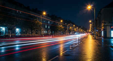 Rainy City Street at Night with Blurred Lights