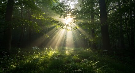 Fototapeta premium Best Radiant Sunlight Breaking Through a Canopy of Trees in a Mystical Forest Landscape for Modern Style