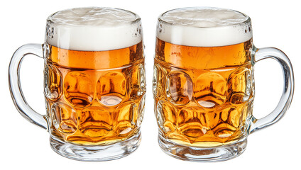 Two mugs of beer with foam on top