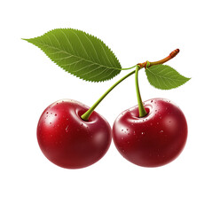 Two cherries with a leaf on top