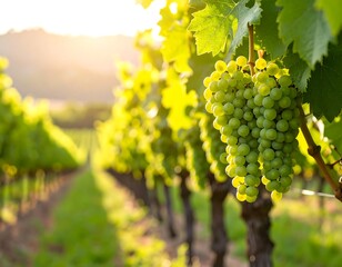 Lush green grapes hanging from vines at sunset