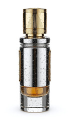 Naklejka premium Elegant Luxurious Perfume Bottle with Water Droplets and Gold Accents on White Background