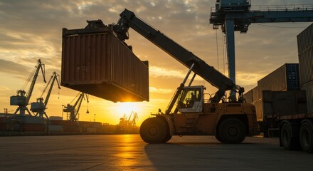 Reach stacker lifting container at port during golden hour. Global logistics hub and cargo operation. Import export container terminal.