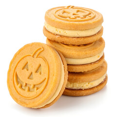 Pumpkin sandwich cookies filled with smooth cream cheese.
