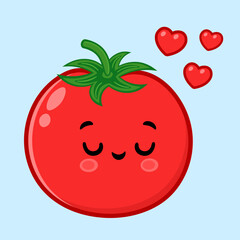 An adorable cartoon tomato is in love, with hearts floating around it