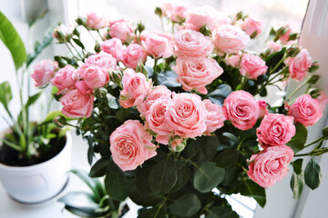 Large bouquet of tender pink bush roses on windowsill in room. Beautiful flowers in home interior.