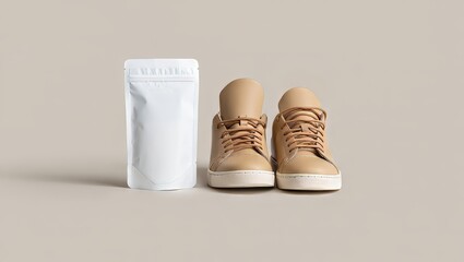 Pair of leather sneakers and white package isolated on white background