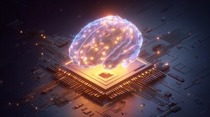 A glowing digital brain hovers over a computer processor, symbolizing artificial intelligence and advanced computing.