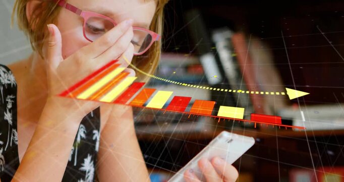 Animation of arrow on falling graph over caucasian girl adjusting spectacles and using cellphone