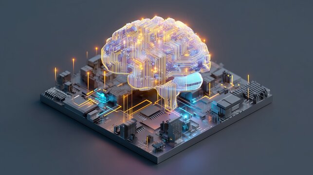 A futuristic holographic brain model glowing with energy, situated on a complex circuit board with illuminated pathways.