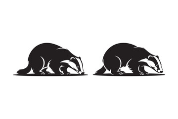 Two black and white stylized badgers facing downward
