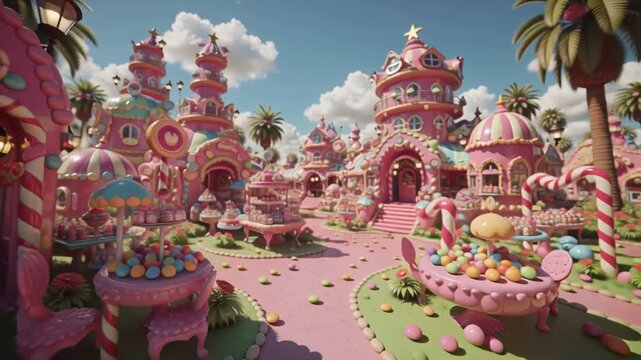 Discover a delightful fantasy realm crafted from an abundance of colorful sweets and delectable treats, showcasing a whimsical candy village under a clear blue sky