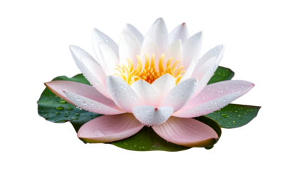 Floating lotus flower with water droplets isolated on transparent background
