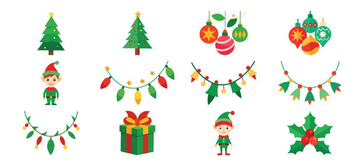 Festive Christmas Vector Illustration Set with Trees Ornaments Elves and Gift