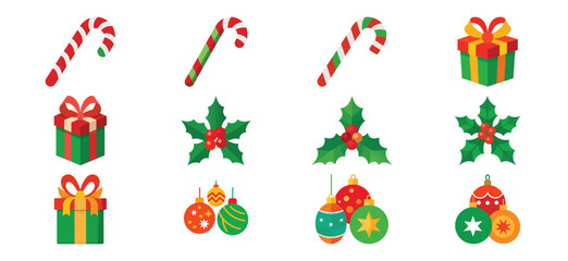 Christmas Holiday Vector Icon Set with Candy Canes Gifts Holly and Ornaments