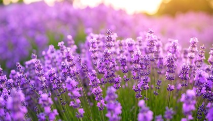 Obraz premium Beautiful Lavender Field at Sunset with Golden Light.