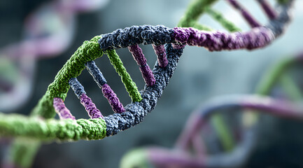 Colorful dna strands rotating, showing genetic information flowing in a medical research background