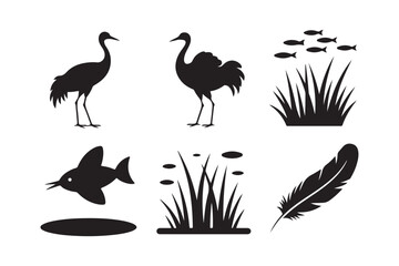 Silhouettes of birds fish and feather on white background