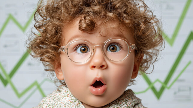 Surprised baby with glasses standing in front of a graph with green upward trends in the background