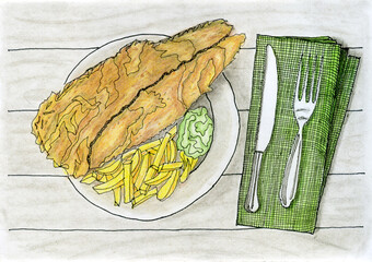 Hand-Drawn Fish and Chips with Mushy Peas Illustration